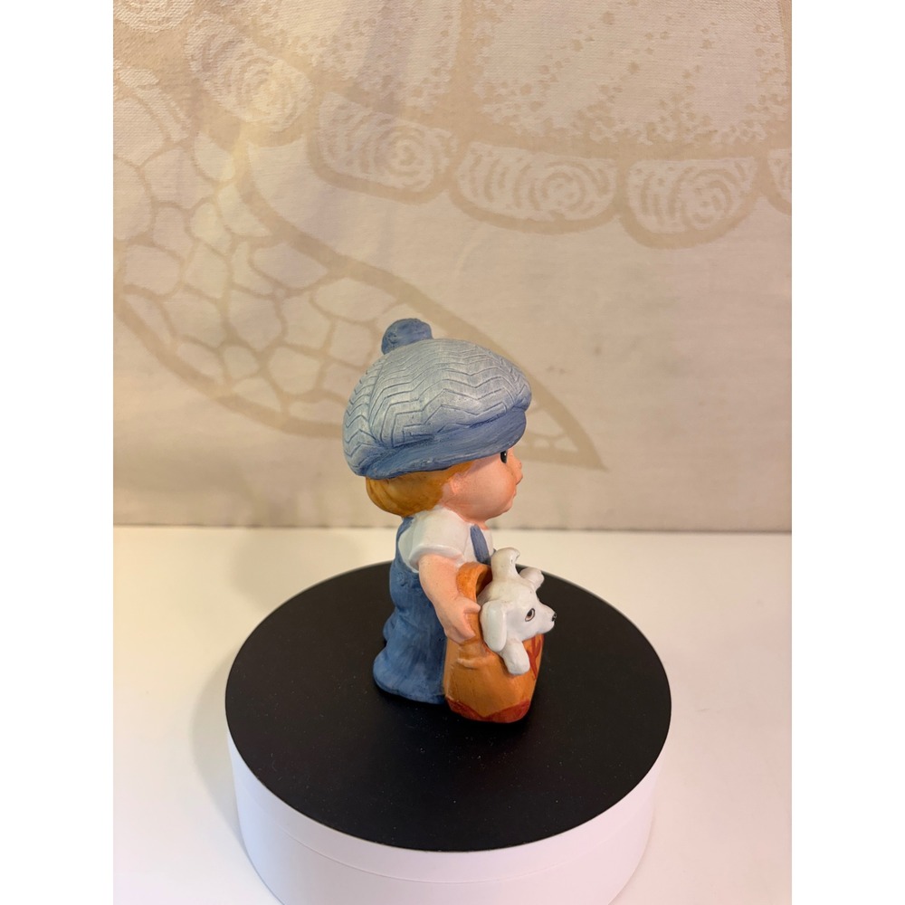 Vintage Boy with Dog Ceramic Figurine Blue Overalls Newsboy Cap K Satchel - Picture 4 of 5